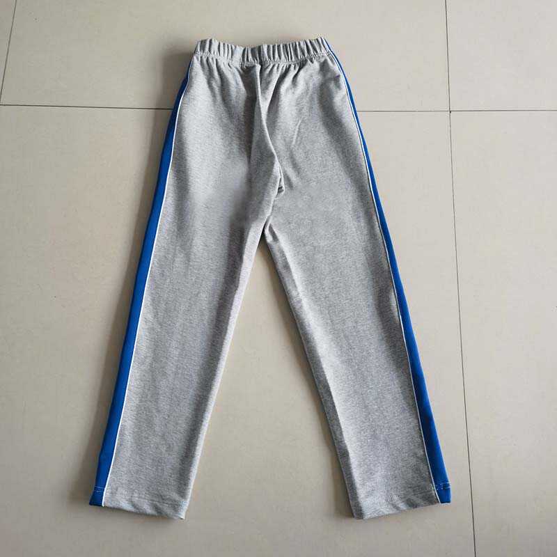 中小学生春秋新款浅灰色拼接宝蓝杠和二道细白杠直筒运动校服长裤
