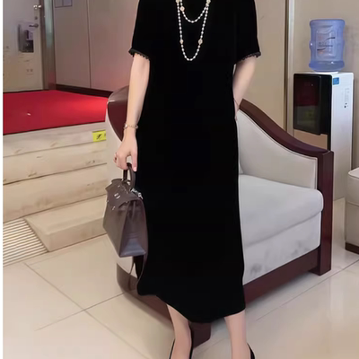 大码连衣裙女2025夏季流行新款时尚气质休闲黑金丝绒高级感直筒裙