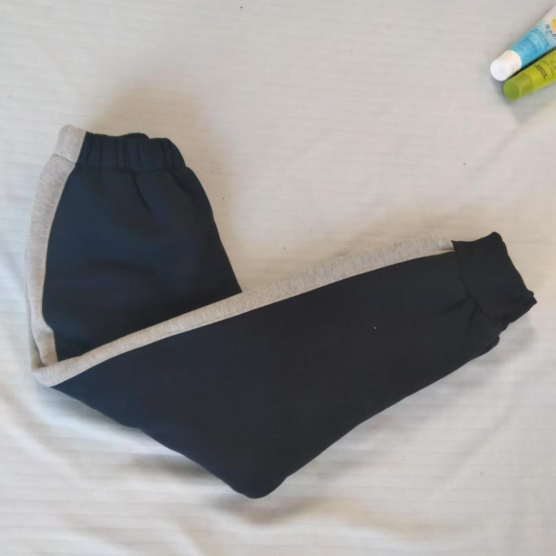 订做纯棉中小学生男女校服裤子深藏蓝色拼浅灰宽杠收紧口运动校裤