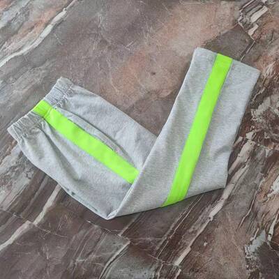 定制中小学生校服裤子浅灰色拼接荧光绿宽杠直筒休闲运动长裤春秋