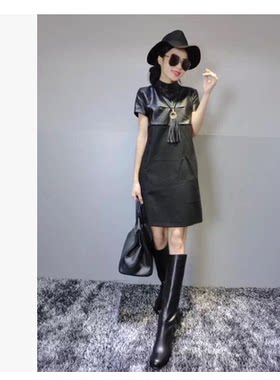 欧洲站PU皮罗马棉洋气半袖连衣裙