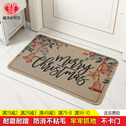 圣诞节亚麻橡胶地垫儿童节日氛围脚垫卡通圣诞老人门垫机洗好打理