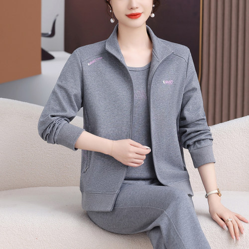 爱尚文子秀运动套装女春秋洋气立领开衫休闲跑步服三件套