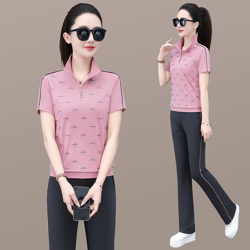 时尚运动套装女夏季立领短袖两件套透气减龄妈妈装休闲服洋气