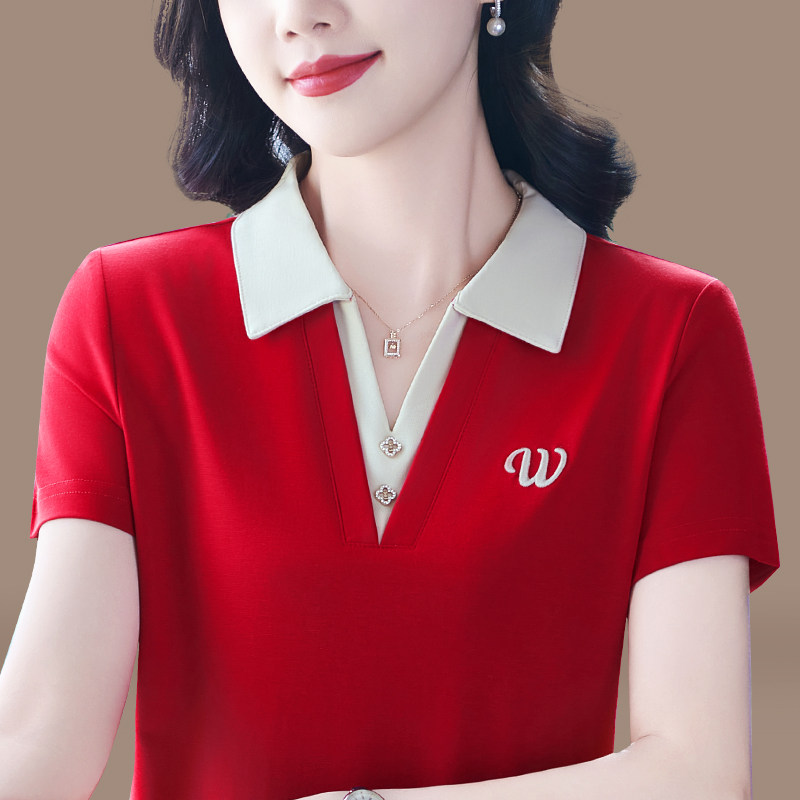 爱尚文子秀短袖t恤女夏季妈妈POLO衫百搭减龄气质宽松上衣翻领