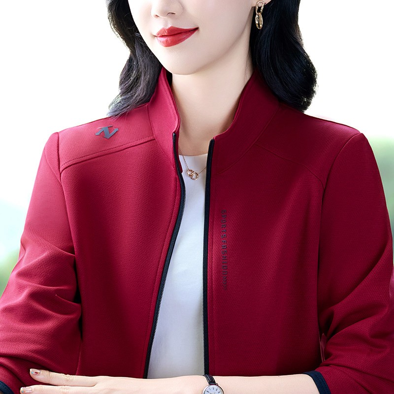 红色拉链外套女长袖洋气妈妈装休闲上衣中老年女装减龄卫衣