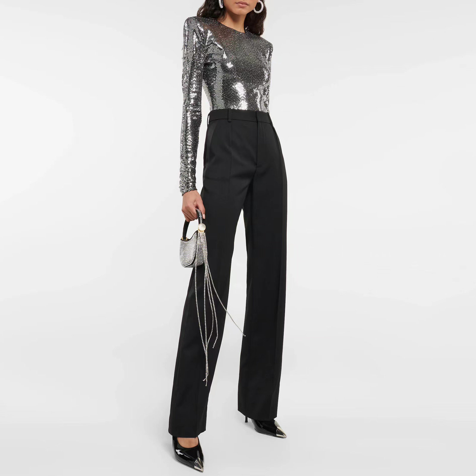 重工bling银线亮片 垫肩立体肩线 弹力修身连体上衣