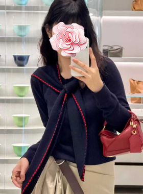 不退不换 原579 特惠379 26新款 撞色手工缝线系带 羊毛针织衫