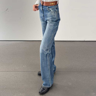 不退不换 原469 特惠159 26新款 仿皮撞色拼接高腰直筒牛仔裤