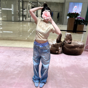 条纹拼接高腰假两件牛仔印染长裤 不退不换 25新款 特惠229 原439