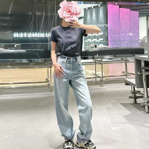 bling水钻高腰阔腿弯刀牛仔裤