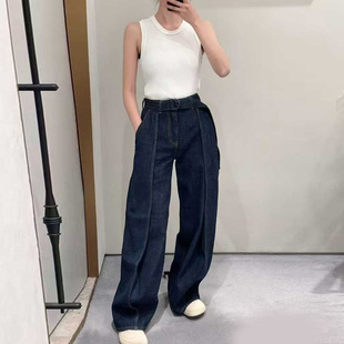 不退不换 原469 特惠249 26新款 腰带高腰 压褶阔腿直筒牛仔裤