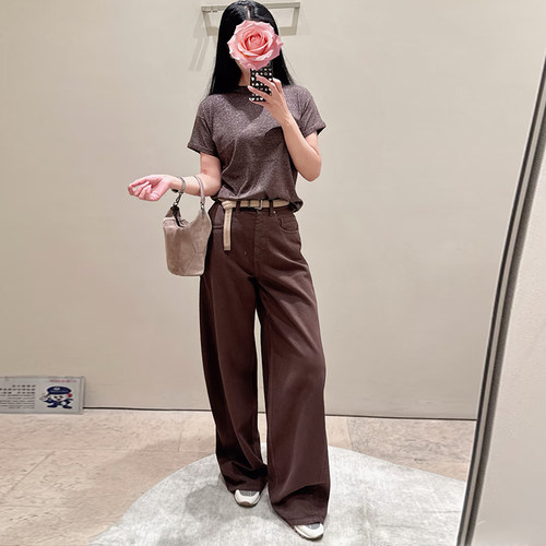 老钱风高腰阔腿拼接弯刀牛仔裤