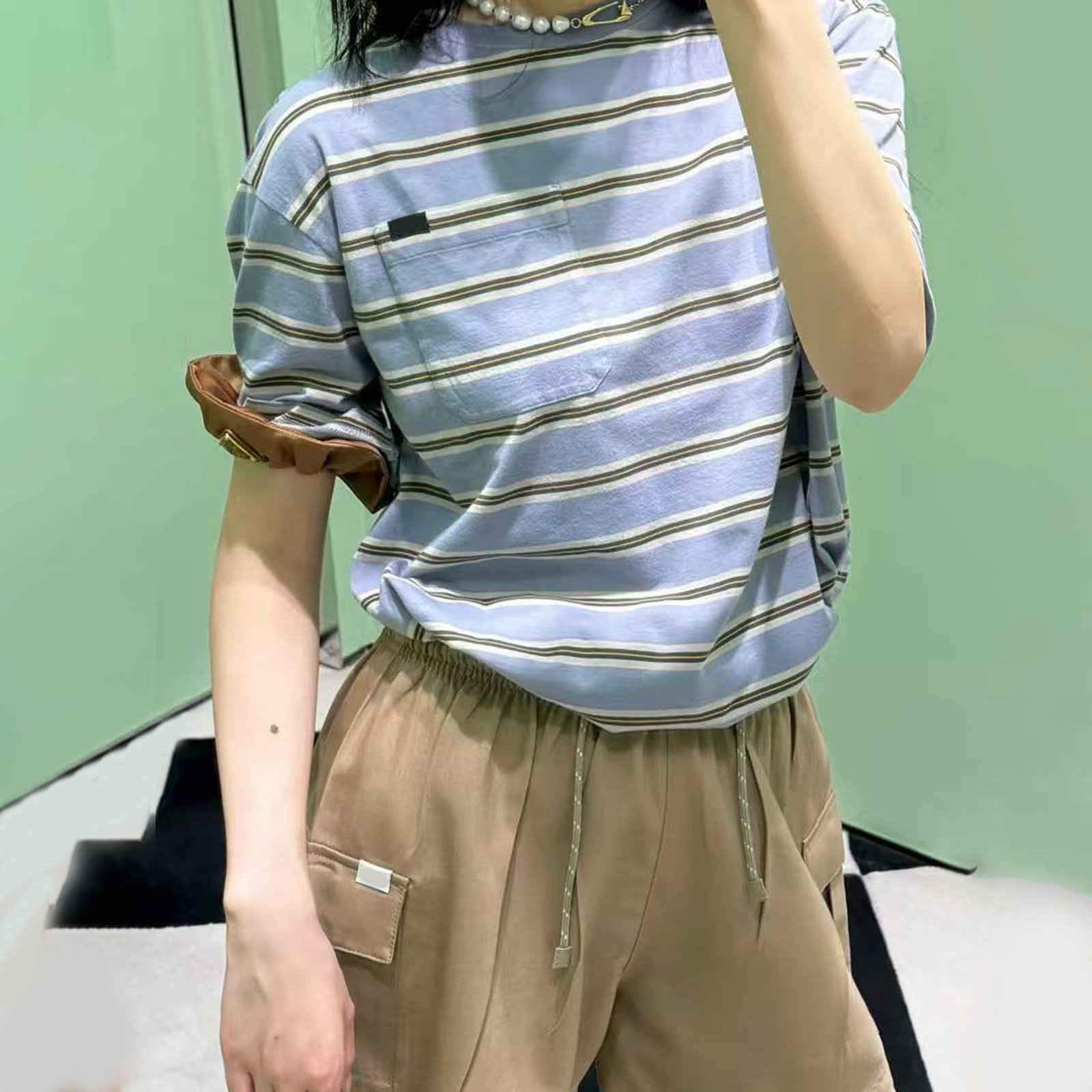不退不换 原369 特惠159 26新款 撞色条纹 小口袋 纯棉五分袖T恤