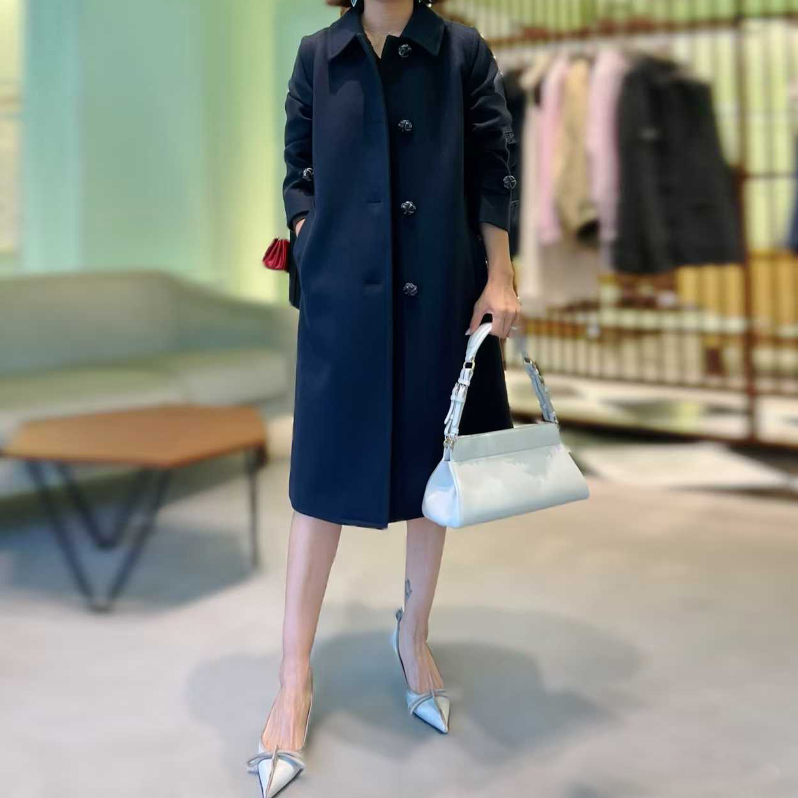 羊毛毛呢编织纽扣长大衣