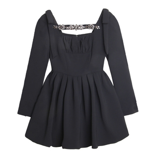 重工bling大颗水钻花朵 收腰褶皱大A摆连衣裙 蝴蝶结立体肩线