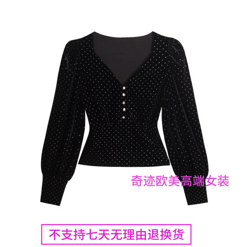 烫银小波点宽边复古方领丝绒上衣