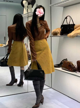 不退不换 原469 特惠289 25新款 芥末黄 高腰A摆羊毛薄毛呢半身裙