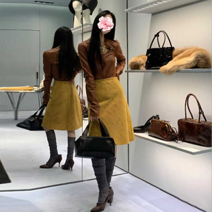 不退不换 原469 特惠289 25新款 芥末黄 高腰A摆羊毛薄毛呢半身裙