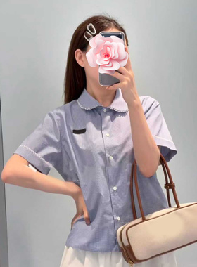 不退不换 原409 特惠229 26新款 小花边彼得潘翻领 蓝白格子衬衣