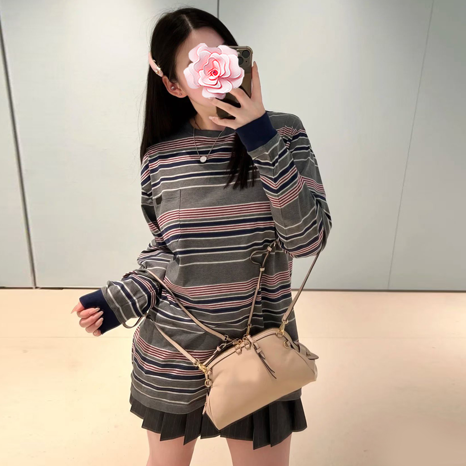 小口袋色织条纹马蹄袖纯棉T恤