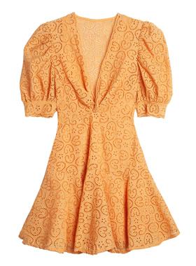 灰橙色 重工镂空心形 扭结深V领 公主五分袖 收腰A摆连衣裙