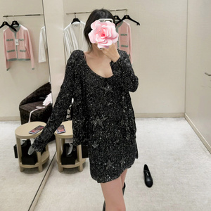 香奶奶 高品质 重工亮片星星 弹力修身包臀针织连衣裙+开衫