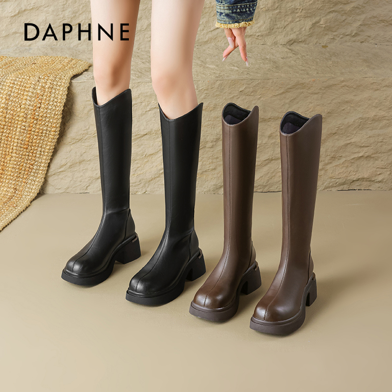 达芙妮V口棕色长筒靴高筒骑士靴