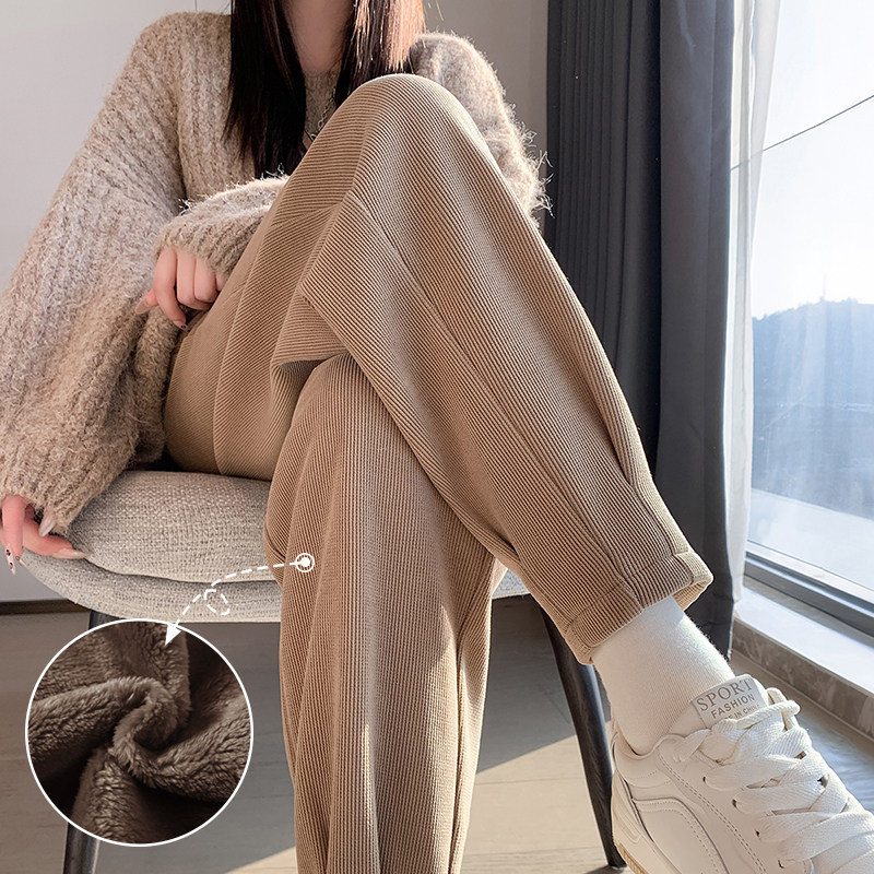 咖色萝卜裤女秋冬加绒加厚仿羊羔绒运动裤雪尼尔小个子宽松哈伦裤