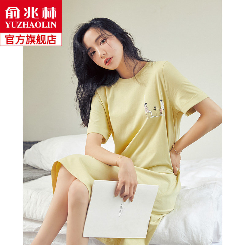 俞兆林夏季睡衣女纯棉短袖睡裙韩版可爱卡通学生宽松可外穿家居服