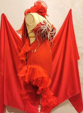 伊西斯pris成人大码malaya肚皮舞连体红色露背荷叶边短裙高档定制