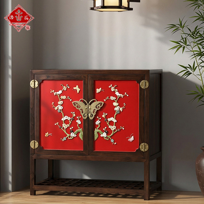漆花中式榆木嵌玉双门空档柜入户玄关柜餐边收纳柜扬州漆器厂