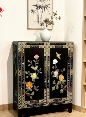 扬州漆器厂中式家具骨石花鸟双门柜黑色餐边柜多场景储物柜