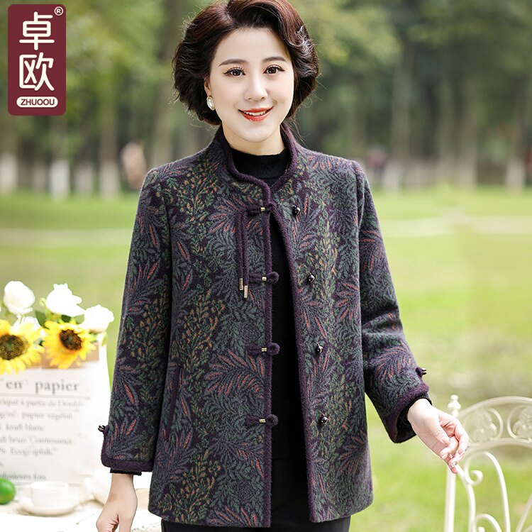 胖妈妈毛呢外套秋冬新款夹棉厚款复古中老年大码女装奶奶呢子大衣