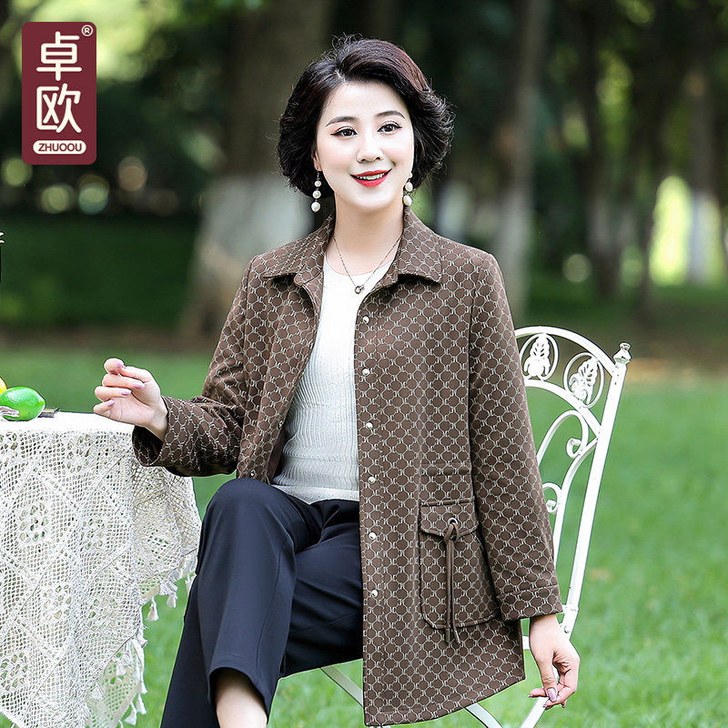 妈妈春秋风衣外套翻领显瘦洋气中老年女装休闲大码阔太太上衣套装
