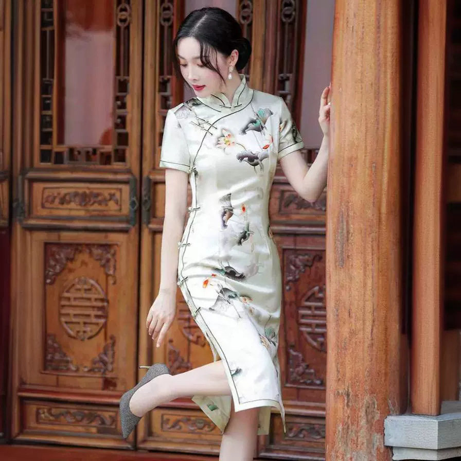 2025新款桑蚕丝旗袍复古改良修身显瘦少女气质中长款连衣裙春夏季