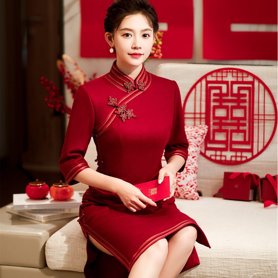 高端羊毛呢旗袍2025新款秋冬季七分袖喜婆婆喜妈妈婚宴装连衣裙女