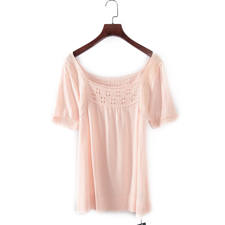 贝系列 春夏款新款品牌女装库存折扣粉色甜美方领短袖针织衫F409D