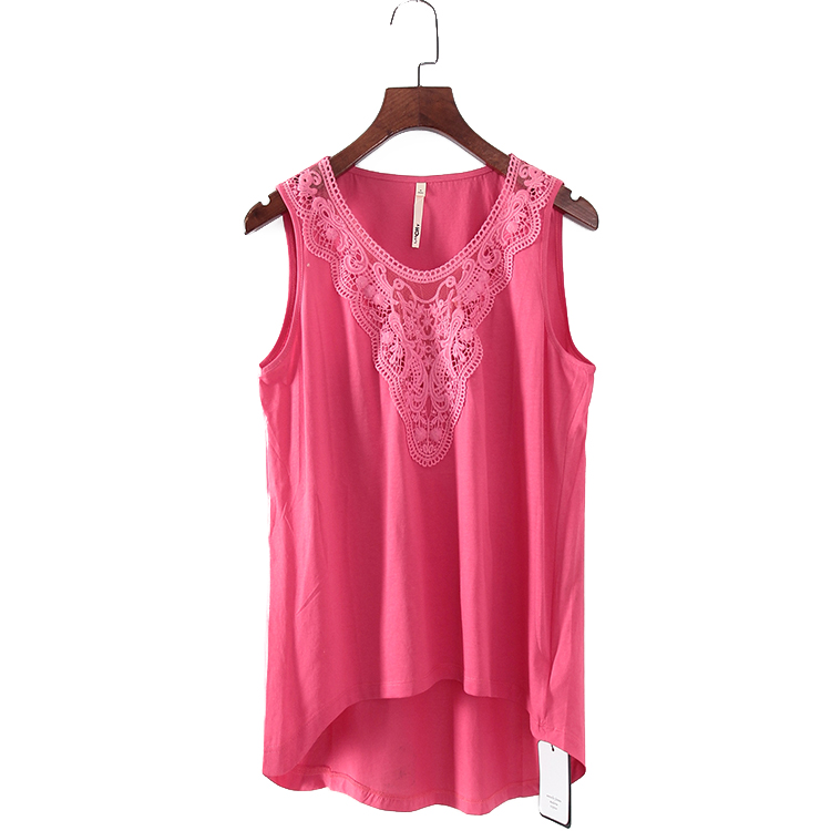 品牌系列 夏季新款专柜女装库存折扣玫红色拼蕾丝百搭背心F1318B