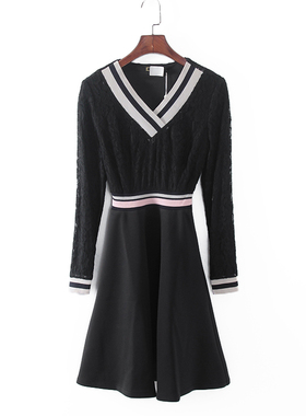 灵系列 春秋新款品牌女装库存折扣蕾丝拼接V领长袖连衣裙F692