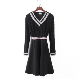 库存折扣蕾丝拼接V领长袖 品牌女装 连衣裙F692 春秋新款 灵系列