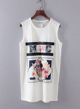 MC系列 夏季新品品牌女装库存折扣字母花朵印花无袖上衣S2837A