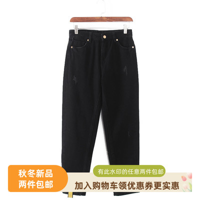 百搭款适中春秋黑色牛仔长裤