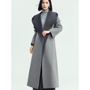 2026新款 连帽浴袍高级灰双面羊绒大衣30羊绒大衣双面尼外套 加长版