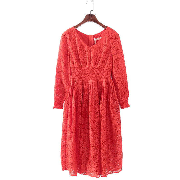 碧系列 春秋新品专柜女装库存折扣高腰V领长袖蕾丝连衣裙F1207B