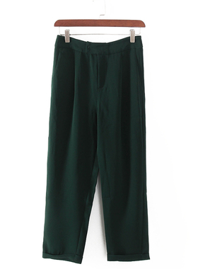 碧系列 春秋新款品牌女装库存折扣墨绿色高腰休闲裤F1894C