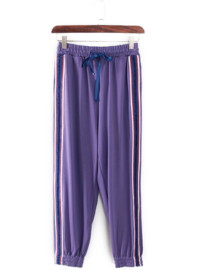 碧系列 春秋新款品牌女装库存折扣紫色拼条运动休闲裤F1902B