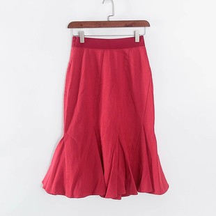 库存折扣大红色松紧腰不规则半裙Y4751 专柜女装 香蕉系列 春秋新款