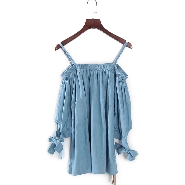 香蕉系列 夏季新款专柜女装库存折扣俏皮一字肩牛仔上衣Y4514B