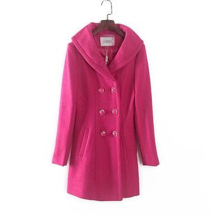 库存折扣玫红色双排扣毛呢大衣Y1502 专柜女装 安系列 秋冬新款